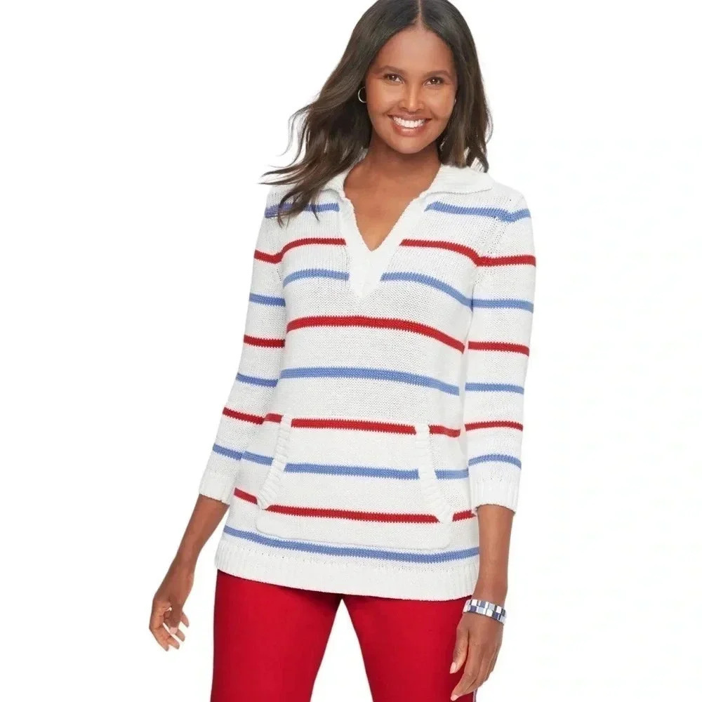 TALBOTS | Women’s Johnny Collar Pullover Striped V-Neck Knit Sweater Size XS